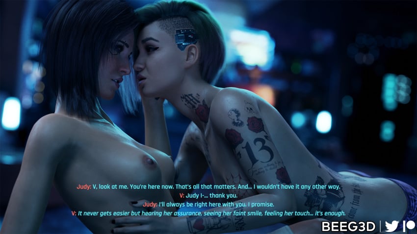 2girls 3d beeg3d breasts caressing_face cd_projekt_red cyberpunk_2077 english_text female female_focus female_only green_hair judy_alvarez light-skinned_female looking_at_partner panties purple_hair tattoo text topless topless_female touching_face v_(cyberpunk_2077) valerie_(cyberpunk_2077) wholesome yuri