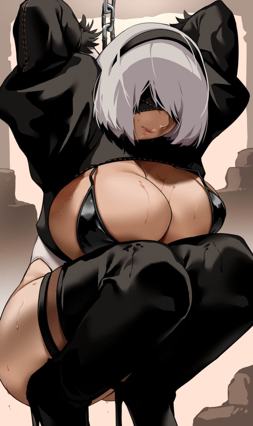 bakkanki big_breasts blindfold bondage chains clothed_female emotionless expressionless female female_focus female_only nier:_automata nier_(series) short_hair solo solo_female solo_focus squatting uncomfortable white_hair yorha_2b