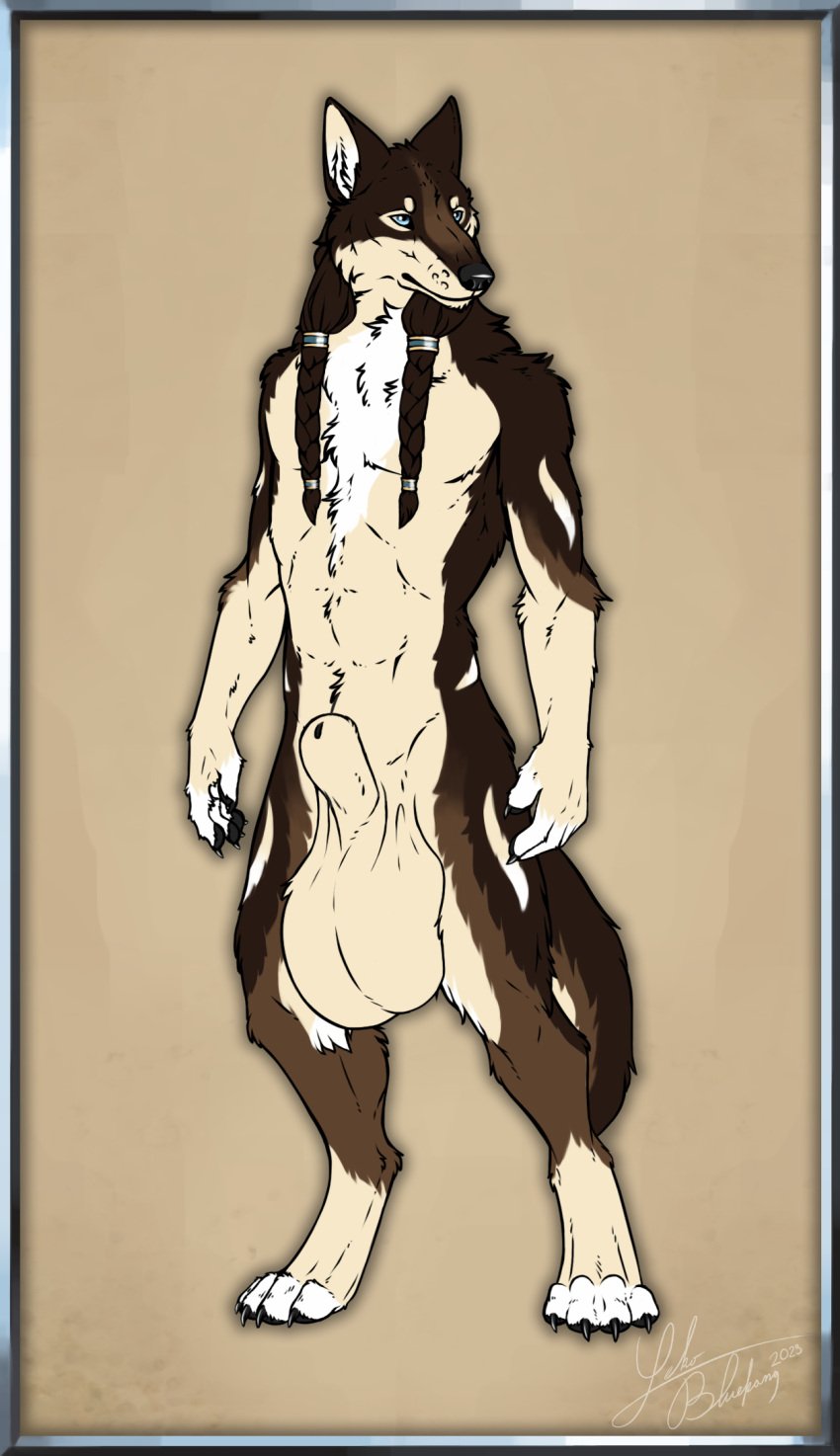 animal_genitalia animal_penis anthro athoswolf1337 balls big_balls big_tail black_claws black_nose black_pawpads blue_eyes braided_hair brown_body brown_fur brown_hair canid canine canine_genitalia canis claws digital_media_(artwork) digitigrade flat_colors front_view fur genitals gloves_(marking) hair hi_res huge_balls hyper hyper_balls hyper_genitalia inner_ear_fluff lekobluefang long_hair male mammal markings multicolored_body multicolored_ears multicolored_fur multicolored_tail neck_tuft nude pawpads penis saggy_balls sheath simple_background solo standing stripes tail tan_balls tan_body tan_fur tan_sheath tan_stripes text tuft url white_body white_chest white_fur white_inner_ear_fluff wolf