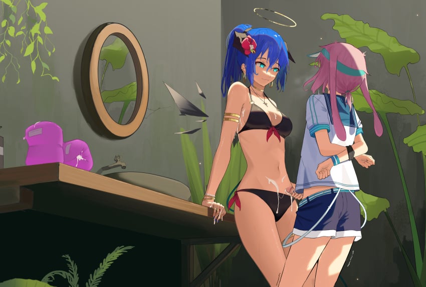 1boy absurdres animal_ears ansel_(arknights) ansel_(casual_vacation)_(arknights) arknights artificial_vagina bikini black_bikini black_gloves black_shorts black_wings blue_eyes blue_hair blue_nails blue_sailor_collar bondage bound bound_arms breasts cleavage cum cum_on_body cum_on_breasts cum_on_stomach demon_horns demon_tail detached_wings earrings energy_wings feet_out_of_frame female femdom fingerless_gloves flower gloves hair_flower hair_ornament halo halterneck hand_up handjob highres holding horns indoors jewelry long_hair looking_at_another low_ponytail medium_breasts mirror mostima_(arknights) northkiyou official_alternate_costume penis penis_out pink_hair plant ponytail rabbit_ears red_flower sailor_collar sex_toy shirt short_hair shorts side-tie_bikini_bottom single_glove sink smile soap_dispenser standing straight string_bikini swimsuit table tail thumb_ring uncensored visor_cap wet white_shirt wings