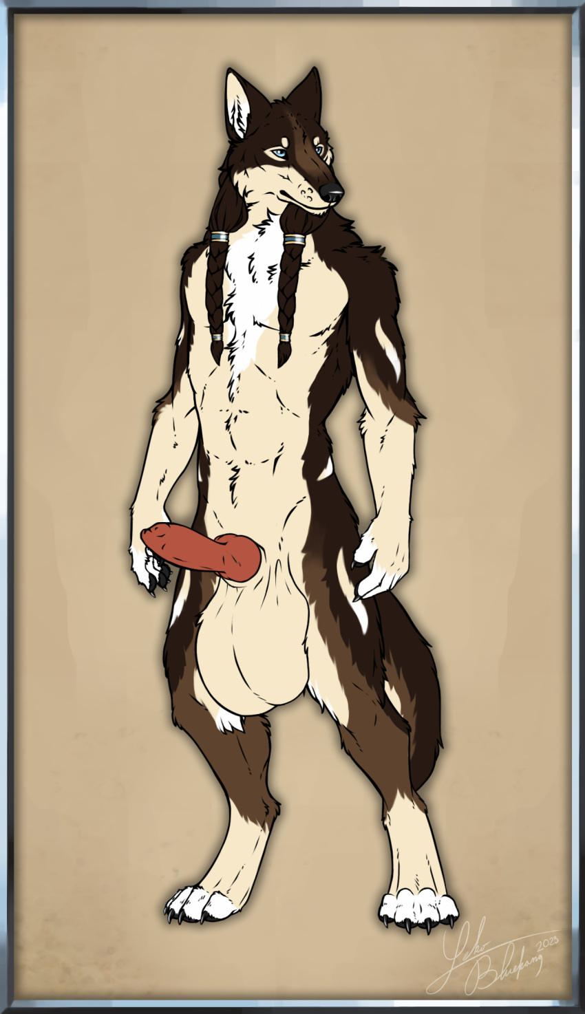 animal_genitalia animal_penis anthro athoswolf1337 balls big_balls big_tail black_claws black_nose black_pawpads blue_eyes braided_hair brown_body brown_fur brown_hair canid canine canine_genitalia canine_penis canis claws digital_media_(artwork) digitigrade erection flat_colors front_view fur genitals gloves_(marking) hair hi_res huge_balls hyper hyper_balls hyper_genitalia inner_ear_fluff knot lekobluefang long_hair male mammal markings multicolored_body multicolored_ears multicolored_fur multicolored_tail neck_tuft nude pawpads penis red_penis saggy_balls simple_background solo standing stripes tail tan_balls tan_body tan_fur tan_stripes text tuft url white_body white_chest white_fur white_inner_ear_fluff wolf