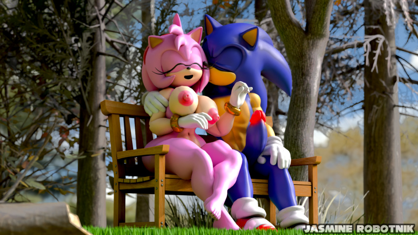 1boy 3d amy_rose anthro arm_grab bench big_nipples blender blender_cycles blue_hair breasts casual closed_eyes erection exposed_torso feet female footwear furry grass hand_on_shoulder handwear hug jasminerobotnik kissing kissing_cheek large_breasts large_penis male muscular nipples park penis pink_hair public public_nudity sega shoes shoes_only smile sonic_(series) sonic_the_hedgehog sonic_the_hedgehog_(series) straight trees two_tone_body wholesome