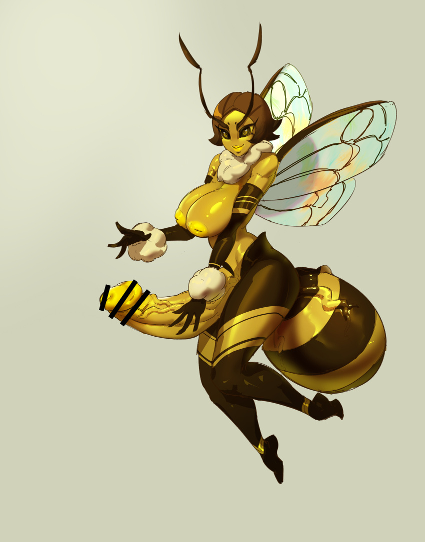 2022 absurd_res antennae_(anatomy) anthro arthropod bearthing bee big_penis breasts censored futanari genitals gynomorph hi_res honey_bee huge_cock humanoid_genitalia humanoid_penis hymenopteran ineffective_censorship insect_wings insects intersex penis sackless solo striped_body stripes touching_penis wings yellow_breasts yellow_eyes