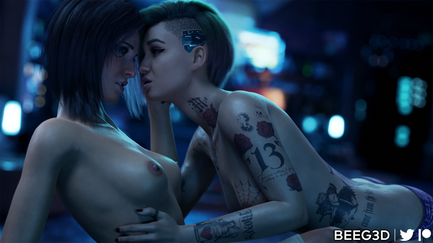 2girls 3d beeg3d breasts caressing_face cd_projekt_red cyberpunk_2077 female female_focus female_only green_hair judy_alvarez light-skinned_female looking_at_partner panties purple_hair tattoo topless topless_female touching_face v_(cyberpunk_2077) valerie_(cyberpunk_2077) wholesome yuri