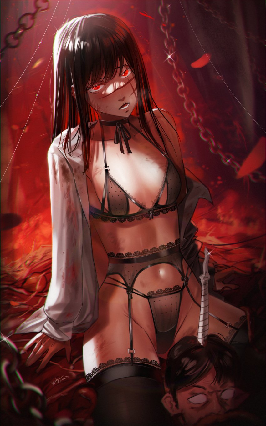 black_hair blood chains chainsaw_man deviantart disembodied_head head legwear lingerie long_black_hair long_hair looking_at_viewer melee_weapon red_eyes skinny small_breasts sword tanaka_(chainsaw_man) waligner weapon yoru_(chainsaw_man)