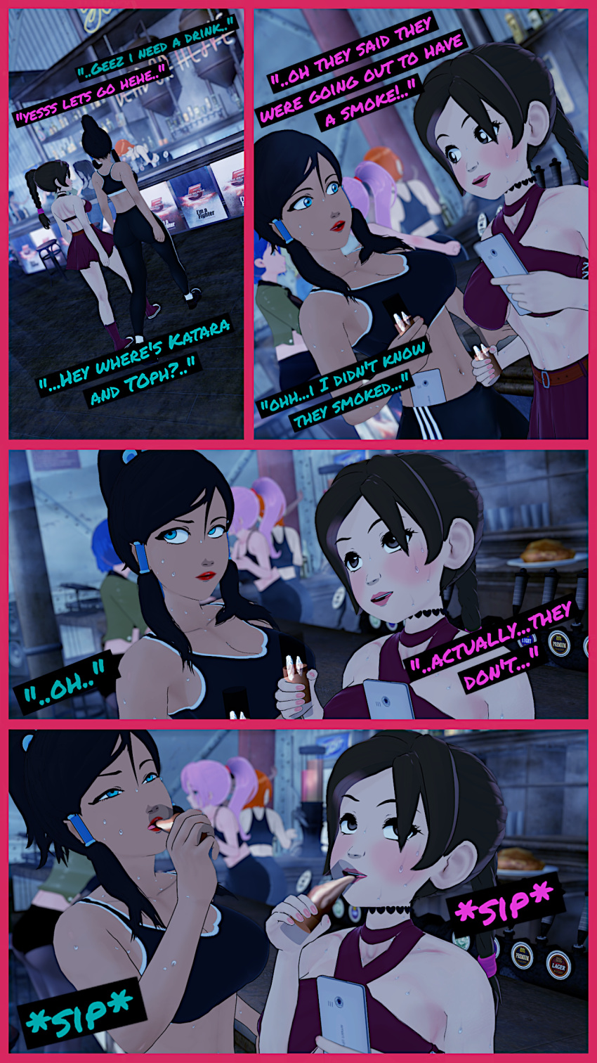 2girls alternate_breast_size avatar_legends avatar_the_last_airbender breakwater_ridge clubbing comic english_text female fire_nation group korra multiple_girls nonbender text the_avatar the_legend_of_korra ty_lee water_tribe