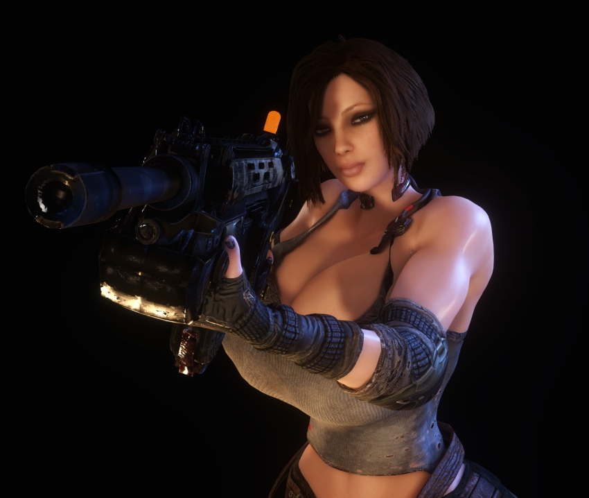 3d 3d_(artwork) alternate_breast_size breasts_bigger_than_head brown_hair bulletstorm electronic_arts epic_games female female_only female_solo firearm gun holding_gun holding_object holding_weapon huge_breasts people_can_fly solo solo_female trishka_novak vaako