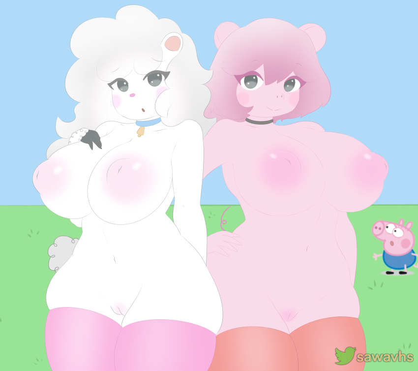 2girls big_breasts female female_focus huge_breasts looking_at_viewer multiple_girls peppa_pig peppa_pig_(character) pig pig_girl pig_nose pink_body pink_hair sawavhs sheep sheep_girl smile smiling smiling_at_viewer suzy_sheep white_body white_hair