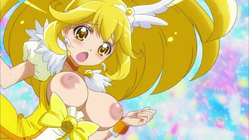 blonde_hair blush bow breasts breasts_out clothing cure_peace earrings embarrassed female highres jewelry large_areolae large_breasts magical_girl nude_filter open_mouth precure pretty_cure screencap smile_precure solo third-party_edit yayoi_kise yellow_eyes