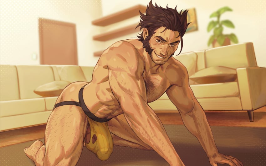 1boy abs arm_hair beard big_penis body_hair brown_hair chest_hair d-prime248 dreampipe james_howlett jockstrap large_penis leg_hair living_room logan_(x-men) looking_at_viewer male male_only marvel marvel_comics muscular_arms muscular_male muscular_thighs on_all_fours smiling solo solo_male uncensored wolverine_(x-men) x-men yaoi