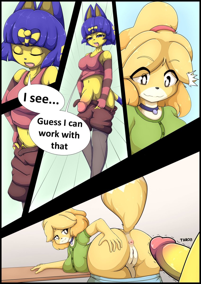 2023 2futas animal_crossing ankha ankha_(animal_crossing) anthro anthro_on_anthro anus ass balls bent_over better_version_at_source blonde_hair blue_hair bodily_fluids breasts canid canine comic crimellgrim domestic_cat domestic_dog duo ears english_text felid feline felis full-package_futanari fur futa_on_futa futa_only futanari genitals hair hand_on_ass herm hi_res intersex isabelle_(animal_crossing) nachan nintendo page_3 penis tail text throbbing throbbing_penis twitter_sample vagina yellow_body yellow_fur