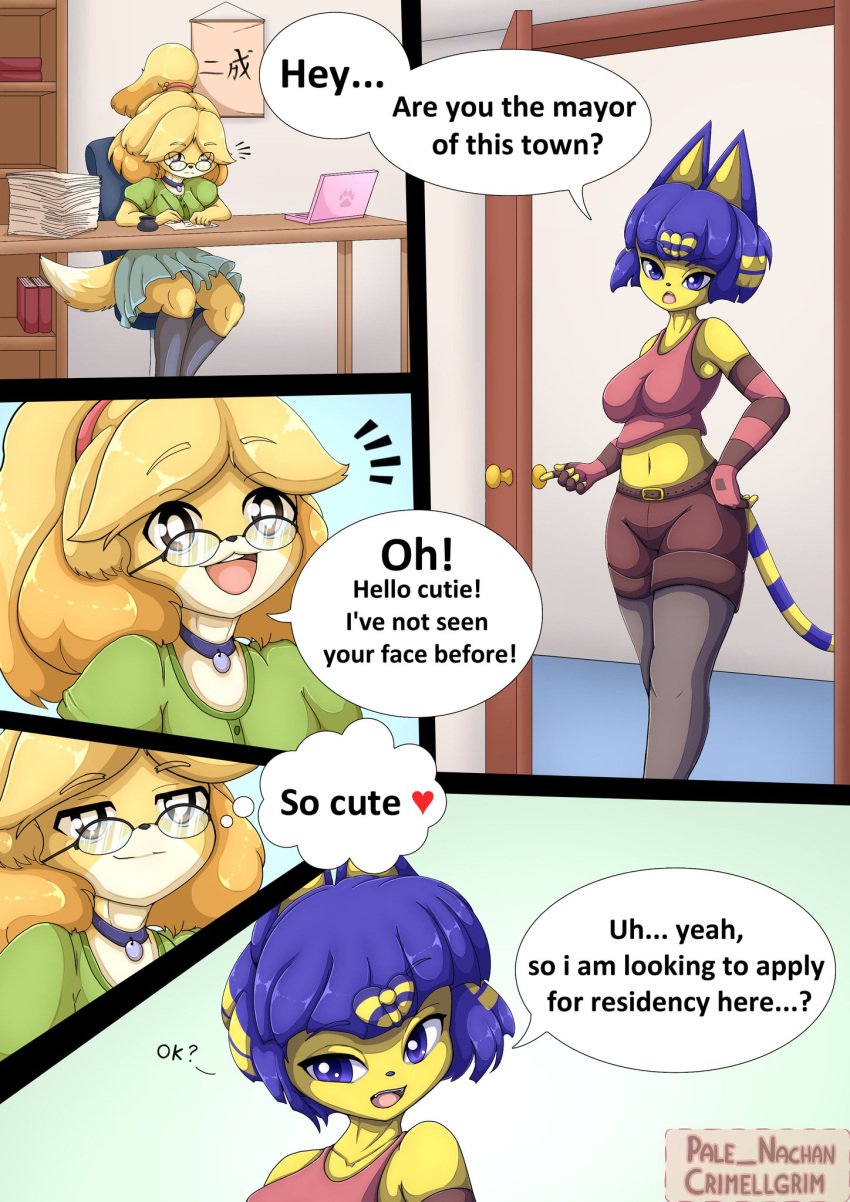 2023 2futas animal_crossing ankha ankha_(animal_crossing) anthro anthro_on_anthro better_version_at_source blue_hair breasts canid canine comic crimellgrim domestic_cat domestic_dog dress duo english_text futa_on_futa futa_only futanari glasses isabelle_(animal_crossing) nachan navel nintendo page_1 tail text twitter_sample yellow_body yellow_fur