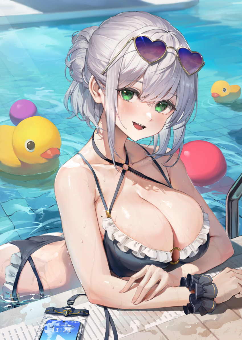 :d arm_rest ass ball bikini black_bikini blush breast_rest breasts cellphone cleavage collarbone eyewear_on_head female frilled_bikini frills green_eyes grey_hair hair_bun heart heart-shaped_eyewear highres hololive hololive_fantasy hololive_japan lanyard large_breasts leaning_forward looking_at_viewer medium_hair mole mole_on_breast open_mouth phone pool rubber_duck shirogane_noel smartphone smile sunglasses swimsuit textless_version virtual_youtuber voluptuous watao