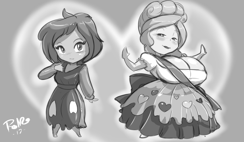 before_and_after big_breasts black_and_white breast_expansion candy_girl candy_hair chibi cleavage disney dress hairstyle_change huge_breasts miss_bonbon monochrome ronzo shonuff shonuff44 short_hair silly_symphony sugar_cookie_girl the_cookie_carnival transformation