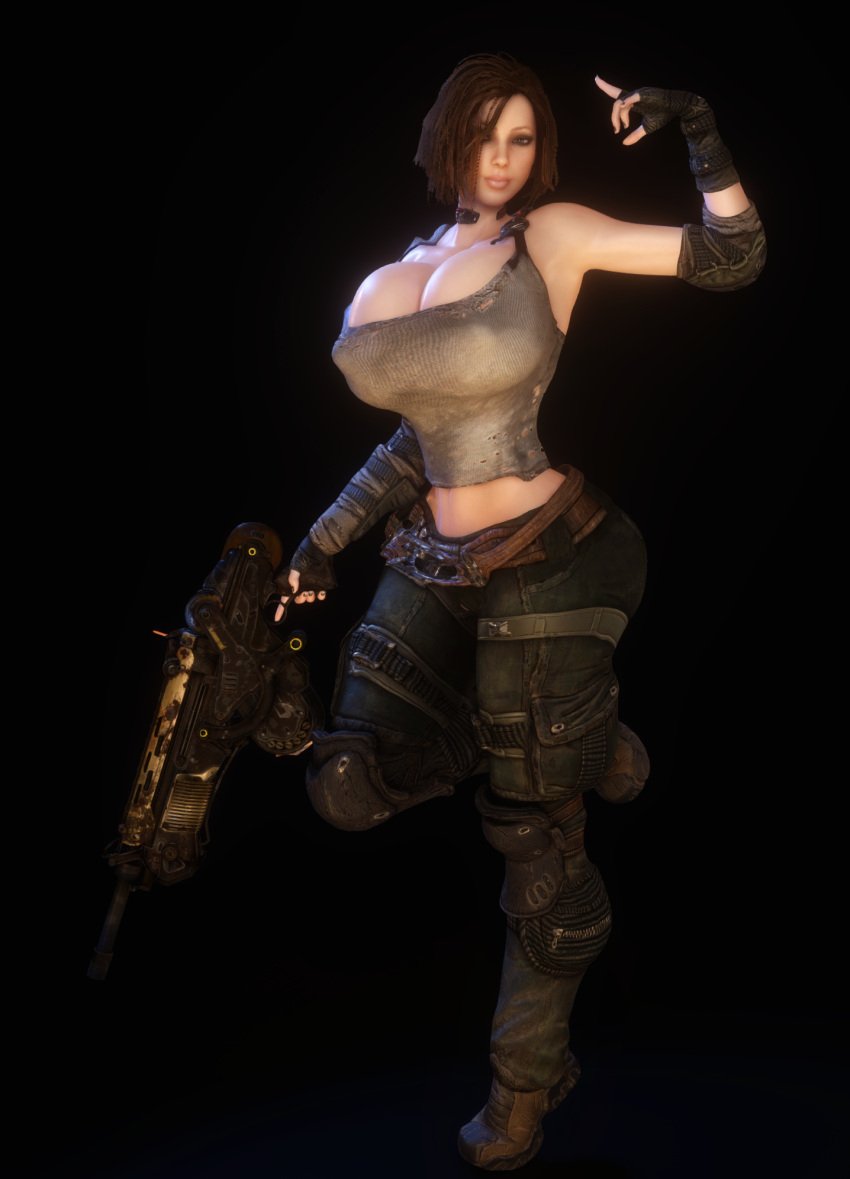 3d 3d_(artwork) alternate_breast_size breasts_bigger_than_head brown_hair bulletstorm electronic_arts epic_games female female_only female_solo firearm gun holding_gun holding_object holding_weapon huge_breasts people_can_fly solo solo_female trishka_novak vaako