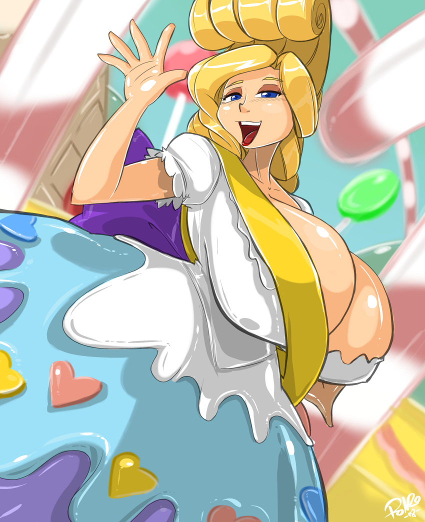 big_breasts blonde blonde_hair blue_eyes candy_girl candy_hair cleavage disney dress gigantic_breasts huge_breasts miss_bonbon monochrome ronzo shonuff shonuff44 silly_symphony sugar_cookie_girl the_cookie_carnival