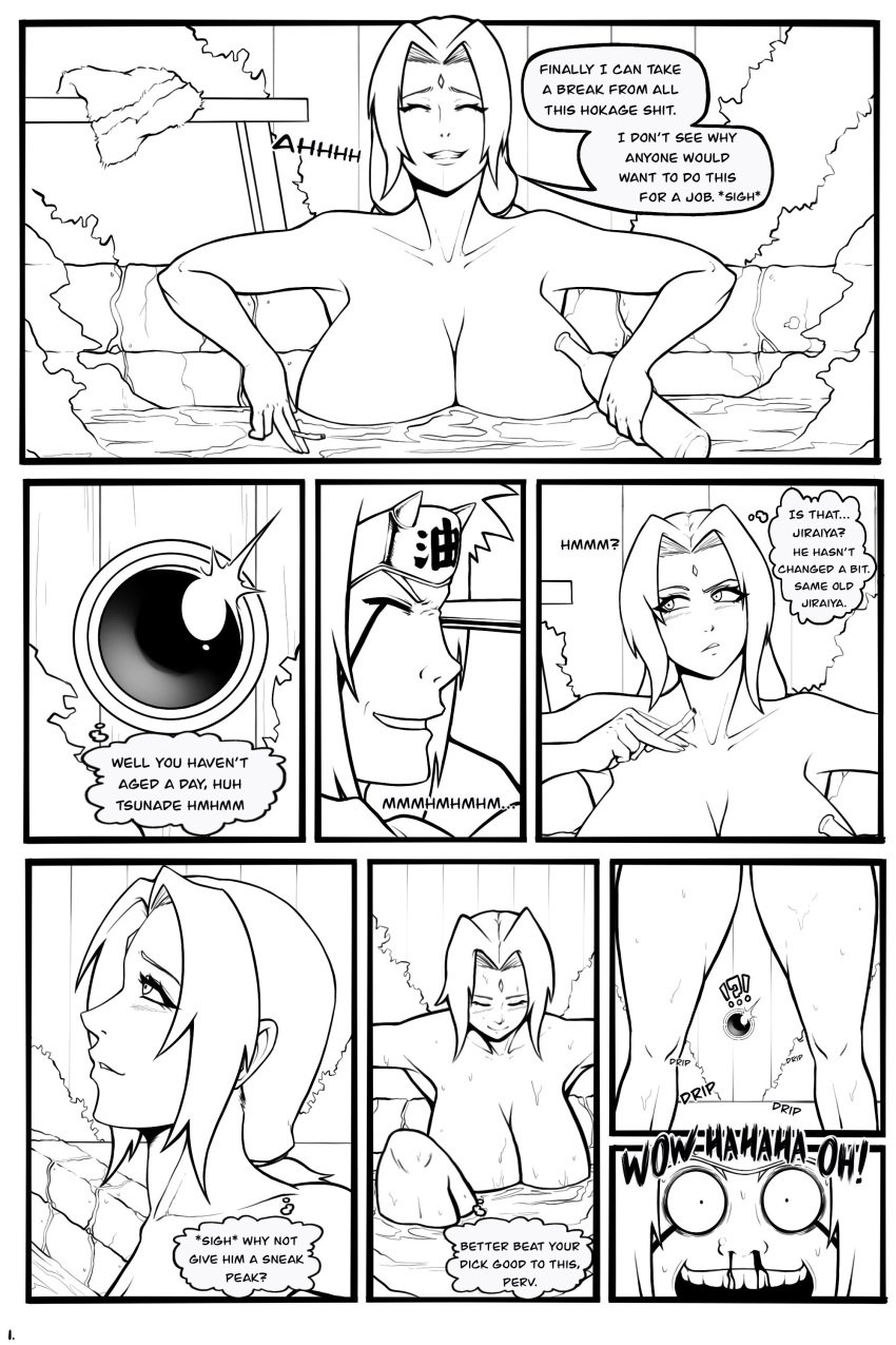 1boy 1girls being_watched big_breasts cigarette comic completely_nude dialogue english_text exhibitionism exhibitionist female holding_object hot_spring huge_breasts jiraiya large_breasts male mature mature_female monochrome naruto naruto_(classic) naruto_(series) naruto_shippuden nosebleed nude onsen page_1 partially_submerged peeping pervert presenting presenting_ass rabbitslides relaxing sagging_breasts sake sake_bottle sitting solo solo_focus speech_bubble spying standing surprised teasing telescope text tsunade voluptuous voyeur voyeurism watching water