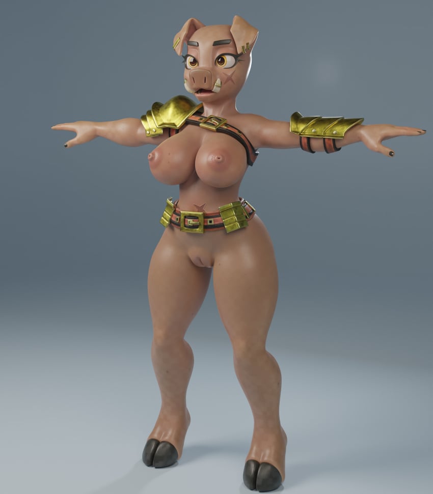 3d_(artwork) absurd_res anthro armor belt big_breasts breasts digital_media_(artwork) domestic_pig female female_piglin genitals hi_res mammal mayosplash microsoft minecraft mojang nipples nude piglin plump_labia pussy simple_background solo suid suina sus_(pig) tusks undead xbox_game_studios