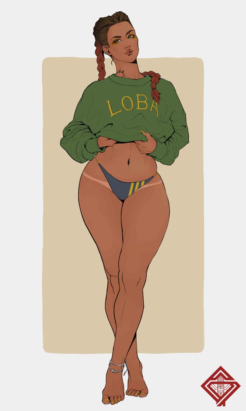 1girls apex_legends azuma_yasuo azumaarts braided_hair braided_twintails dark-skinned_female dark_skin female loba_(apex_legends) looking_at_viewer medium_breasts perfect_legs realistic respawn_entertainment tanline tanlines tattoo thick_thighs thighs thighs_together thong