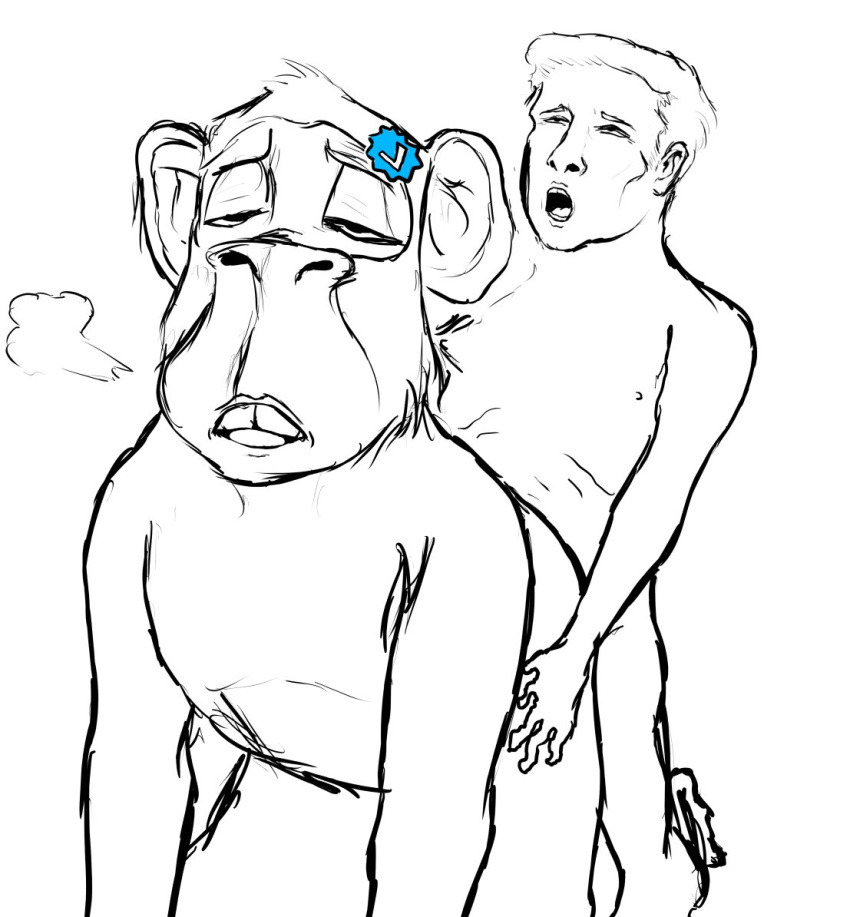 2023 2boys 5_fingers anthro ape bestiality bored_ape_yacht_club digital_media_(artwork) doggy_style duo elon_musk fingers from_behind_position gay half-closed_eyes haplorhine herrkennstalles human low-angle_view male male/male male_on_male male_only mammal narrowed_eyes nft_monkey open_mouth primate restricted_palette satire sex simple_background verified_badge white_background yaoi