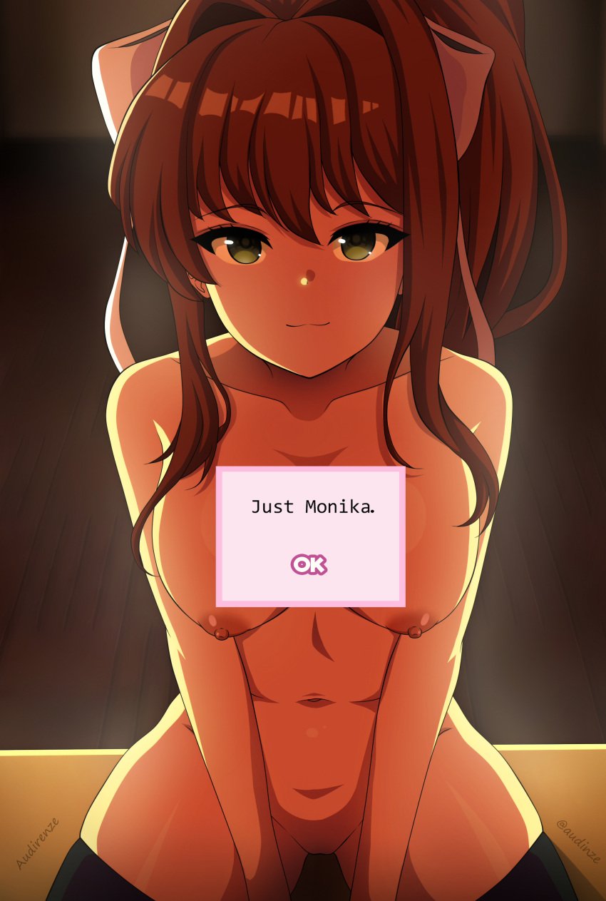 1girls absurd_res audirenze black_thighhighs bow breasts brown_hair collarbone completely_nude doki_doki_literature_club gameplay_mechanics green_eyes hair_intakes hairbow hi_res indoors just_monika long_hair looking_at_viewer medium_breasts monika_(doki_doki_literature_club) navel nipples nude ponytail pussy smile solo spread_legs thick_thighs thighs uncensored white_bow