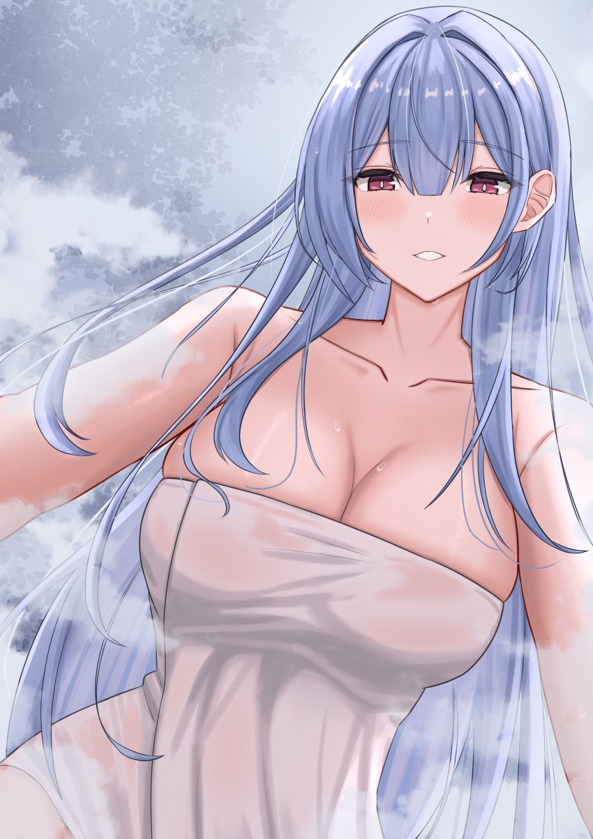 1girls alternate_costume azur_lane blue_hair blush breasts cleavage elina_(eri15) eyebrows_visible_through_hair female female_only happy huge_breasts light-skinned_female light_skin looking_at_viewer northern_parliament_(azur_lane) official_alternate_costume purple_eyes solo towel towel_only voroshilov_(azur_lane) voroshilov_(devoted_as_the_warm_snow)_(azur_lane) welcoming