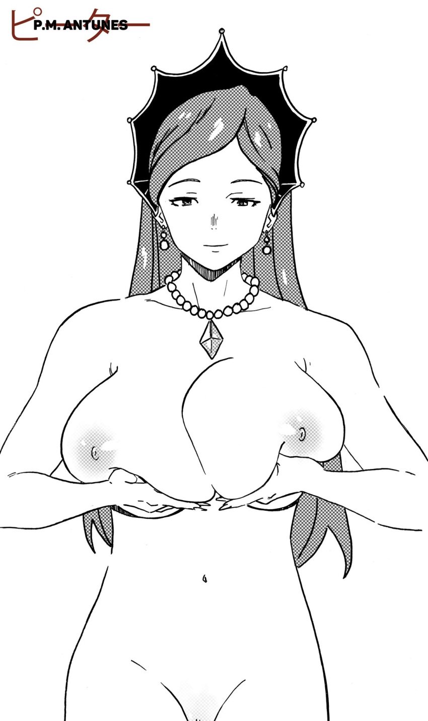 1girls big_breasts breast_hold breasts busty grabbing_own_breast highres hilda_boreas_greyrat jewelry large_breasts legs long_hair looking_at_viewer mature mature_female monochrome mushoku_tensei navel necklace nipples nude pearl_necklace pubic_hair pussy pussy_peek solo thick_thighs thighs tiara