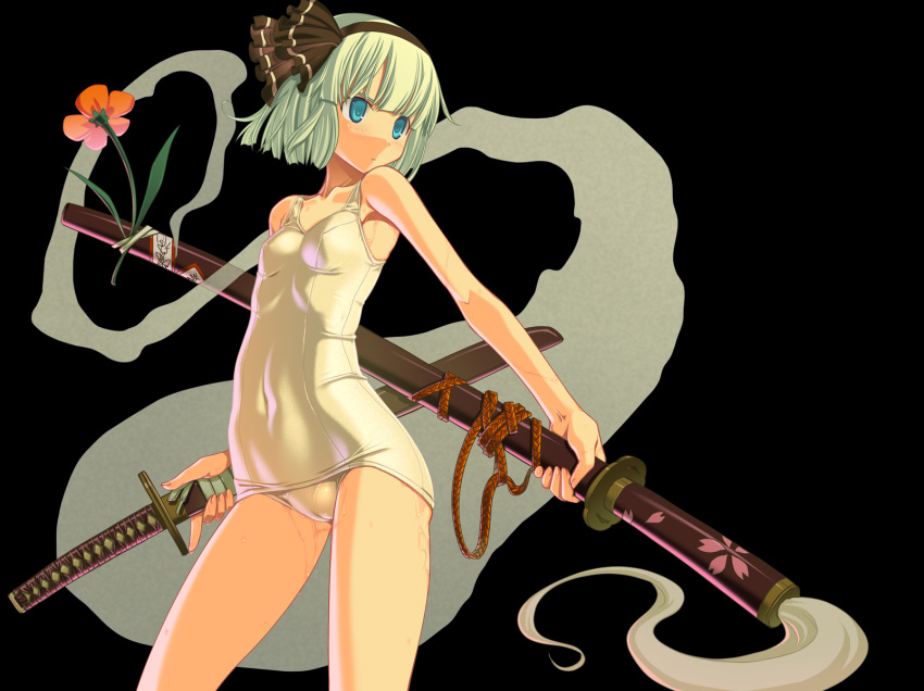 blue_eyes cameltoe flower ghost high_res highres hitodama katana mizugi myon one-piece_swimsuit ribbon sakuya_tsuitachi school_swimsuit sheath sheathed short_hair silver_hair solo sukumizu swimsuit sword touhou tsuitachi_sakuya wallpaper weapon wet white_school_swimsuit youmu_konpaku youmu_konpaku_(ghost)