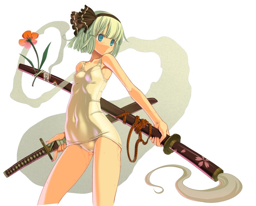 blue_eyes cameltoe flower ghost hairband high_resolution hitodama katana mizugi one-piece_swimsuit ribbon sakuya_tsuitachi school_swimsuit sheath sheathed shiny shiny_clothes short_hair silver_hair solo sukumizu swimsuit sword touhou weapon wet white_school_swimsuit youmu_konpaku youmu_konpaku_(ghost)