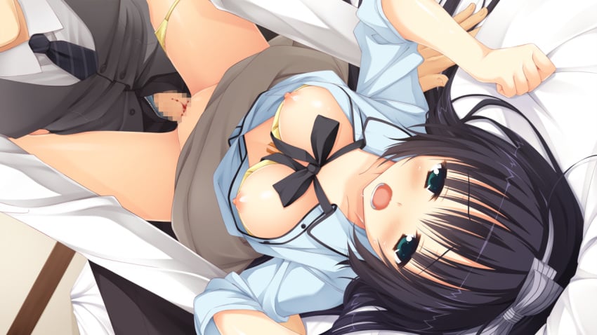 amagiri_yune amairo_islenauts black_hair blood blush breasts censored game_cg green_eyes muririn nipples open_clothes open_shirt panties sex shirt spread_legs underwear yuzusoft