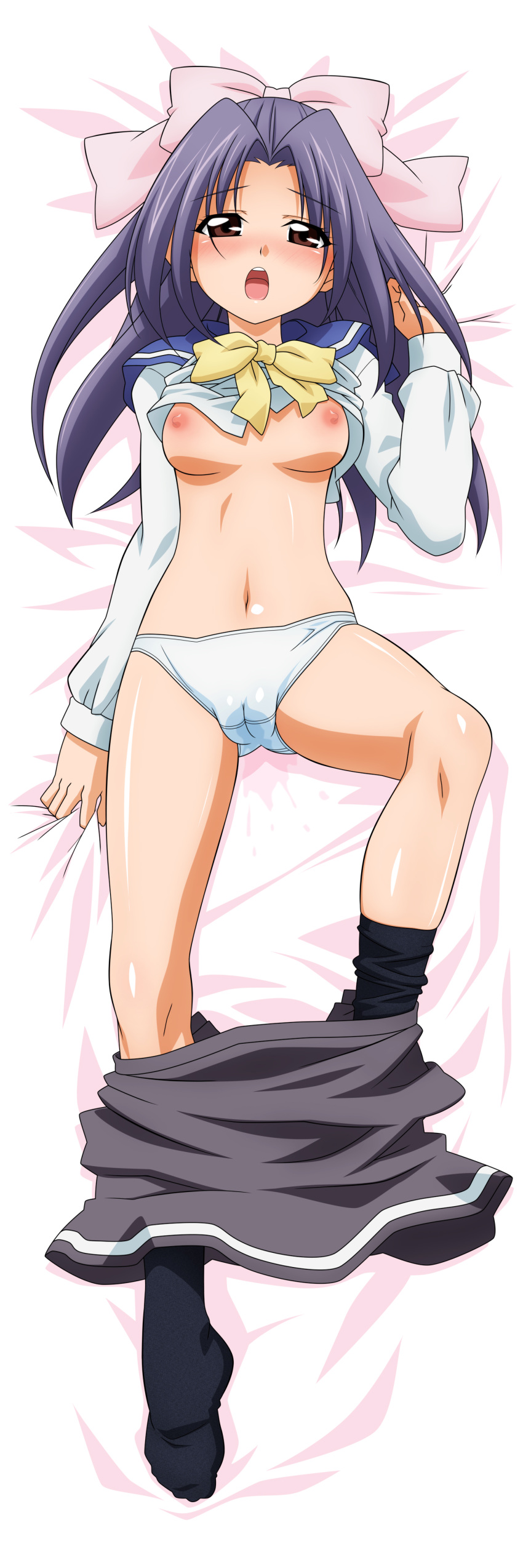 bed blush bow breasts cameltoe clothing gakkou_no_kaidan gakkou_no_kaidan_(anime) high_res highres koigakubo_momoko nipples no_bra nude oppai panties school_uniform shirt_lift skirt sugimura_tomokazu underwear undressing wave_ride