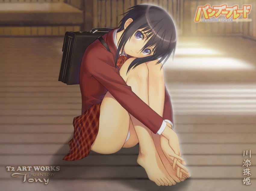 1girls bangs barefoot black_hair bowtie feet female female_only hands_clasped kawazoe_tamaki knees legs long_legs looking_at_viewer panties purple_eyes school_uniform short_hair sitting skirt solo taka_tony thighs toes underwear wallpaper white_panties wooden_floor