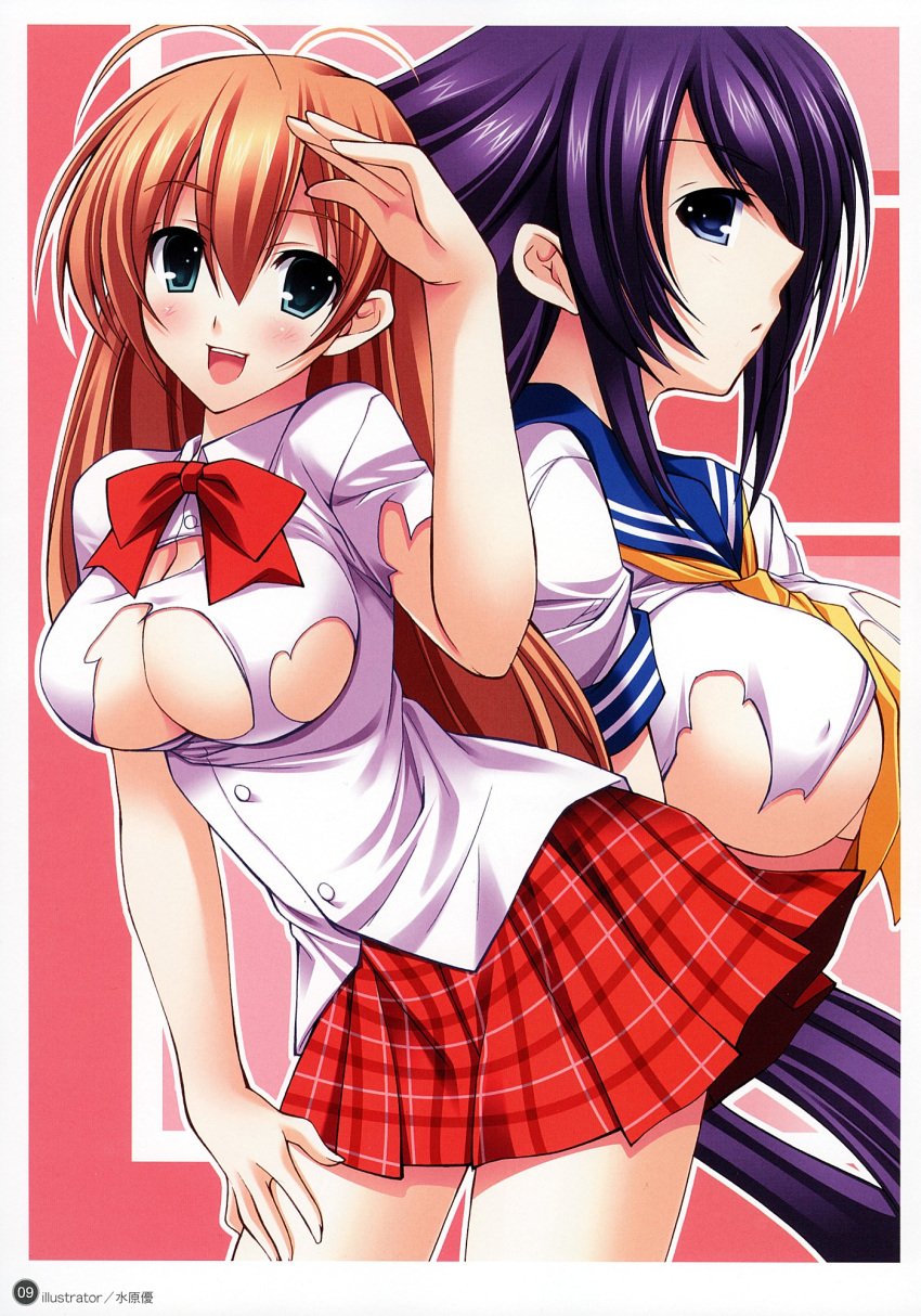 2girls breasts fanbook highres ikkitousen ikkitousen_dragon_destiny kan'u_unchou kanu_unchou mizuhara_yuu multiple_girls no_bra official_fanbook open_mouth scan school_uniform skirt sonsaku_hakufu toranoana torn_clothes