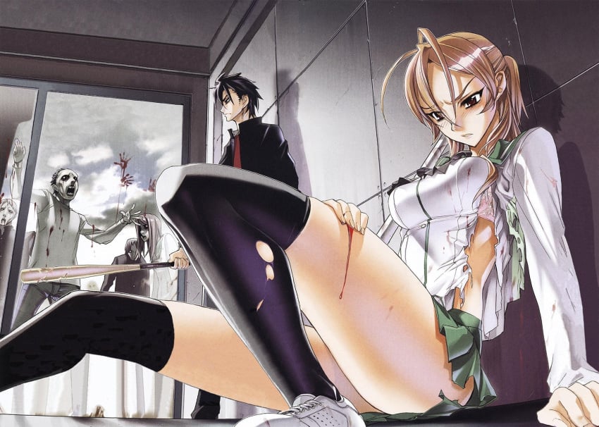 breasts duplicate highres highschool_of_the_dead inazuma large_breasts rei_miyamoto satou_shouji school_uniform takashi_komuro thighhighs torn_clothes zombie