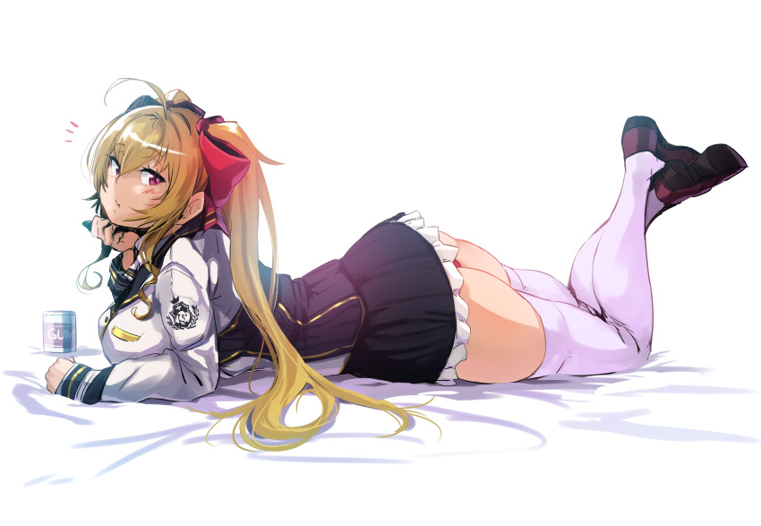 1girls absurdres ahoge arm_support bed_sheet black_skirt blazer blonde_hair blush breasts chin_rest clothed double-breasted eyebrows_visible_through_hair female female_focus female_only frilled_skirt frills full_body hair_between_eyes hair_ornament hair_ribbon hero_neisan high_resolution highres large_breasts legs loafers long_hair long_sleeves looking_at_viewer lying nijisanji nijisanji_seeds on_stomach panties pouting purple_eyes red_panties red_ribbon ribbon school_uniform shoes simple_background skirt slip-on_shoes solo takamiya_rion the_pose thighhighs thighs tied_hair twintails underwear uniform virtual_youtuber white_background white_legwear white_thighhighs