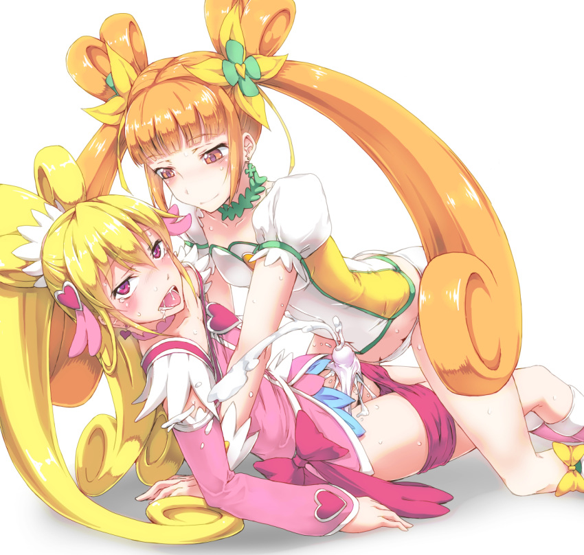 2girls aida_mana bike_shorts_pull blonde_hair blush clothing couple cowgirl_position cum cure_heart cure_rosetta dawy dokidoki!_precure erection flat_chest futanari half_updo intersex magical_girl multiple_girls no_pants open_mouth orange_eyes orange_hair panties pink_eyes ponytail precure pretty_cure saliva shadow shorts simple_background small_breasts smile straddling tears tied_hair twintails underwear white_background yotsuba_alice