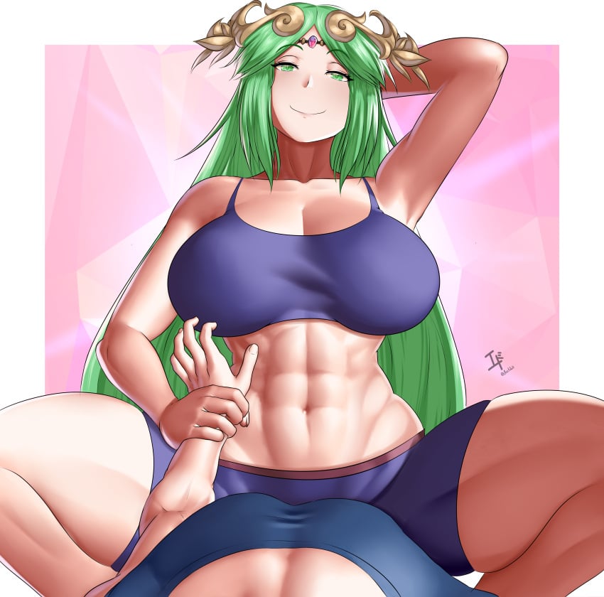 1girls abs arcedo arm_grab ass bare_midriff big_ass breasts cleavage female female_focus green_eyes green_hair guided_breast_grab kid_icarus kid_icarus_uprising large_breasts long_hair midriff muscular muscular_female nintendo palutena shorts smile solo_focus squatting stretching thick_thighs very_long_hair