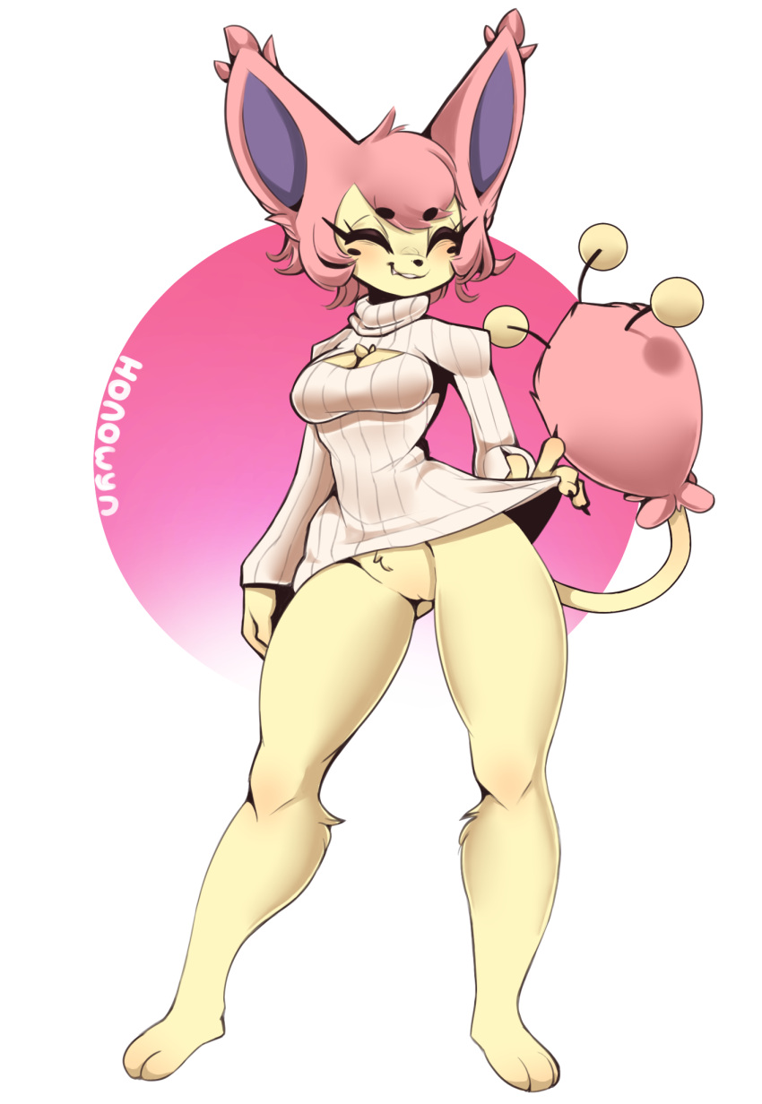 anthro blush bottomless bottomless_anthro bottomless_female breasts closed_eyes clothed clothing female front_view generation_3_pokemon genitals hi_res honowyn nintendo pink_body pokemon pokemon_(species) pokemorph pussy skitty smile solo yellow_body