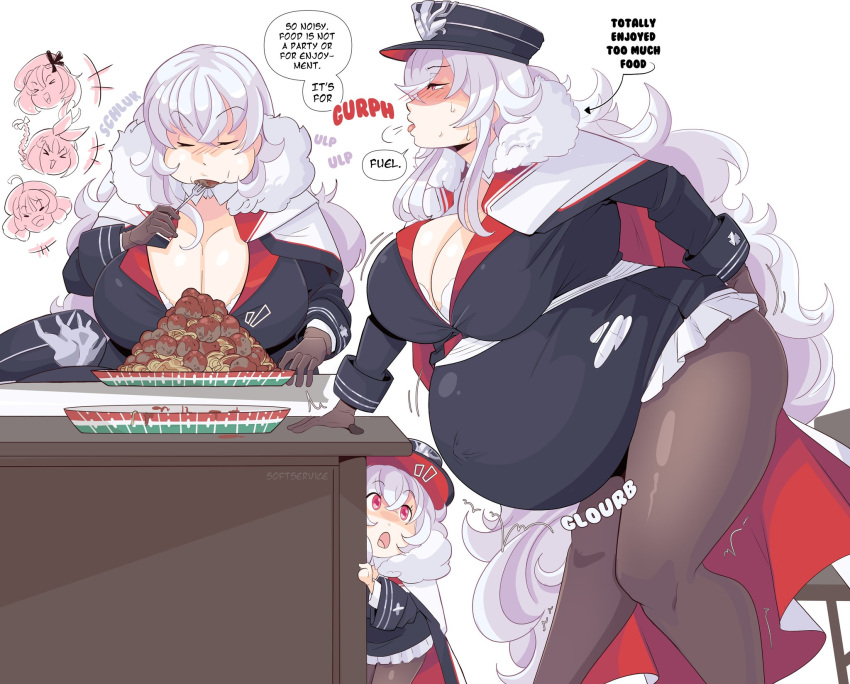 5girls azur_lane blush blush_lines burping cleavage color eating english_text graf_zeppelin_(azur_lane) hat huge_belly huge_breasts iron_blood_(azur_lane) libeccio_(azur_lane) light-skinned_female light_skin multiple_girls navel_bulge nicoloso_da_recco_(azur_lane) obese_female silver_hair softservice stockings tagme thick_thighs weight_gain z28_(azur_lane)