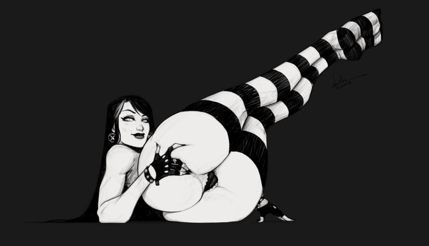 ass black_and_white black_hair bracelet bubble_butt busty devil_hs earrings eyeshadow_female female_focus female_only fingerless_gloves goth goth_girl hourglass_figure labia lipstick long_hair makeup nail_polish pinup_pose presenting_ass solo striped_legwear stripes_(devil_hs) thong wallpaper wide_hips