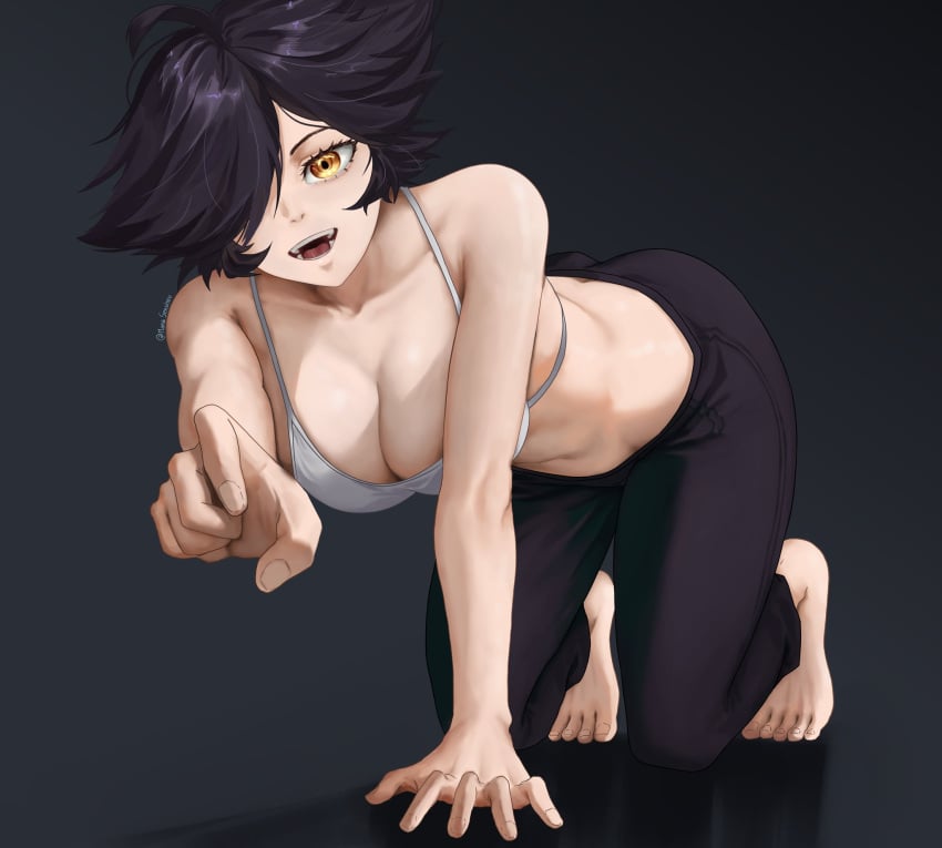 1girls artist_request black_background black_hair feet karmavt large_breasts one_eye_obstructed open_mouth owozu pov smile squatting virtual_youtuber yellow_eyes