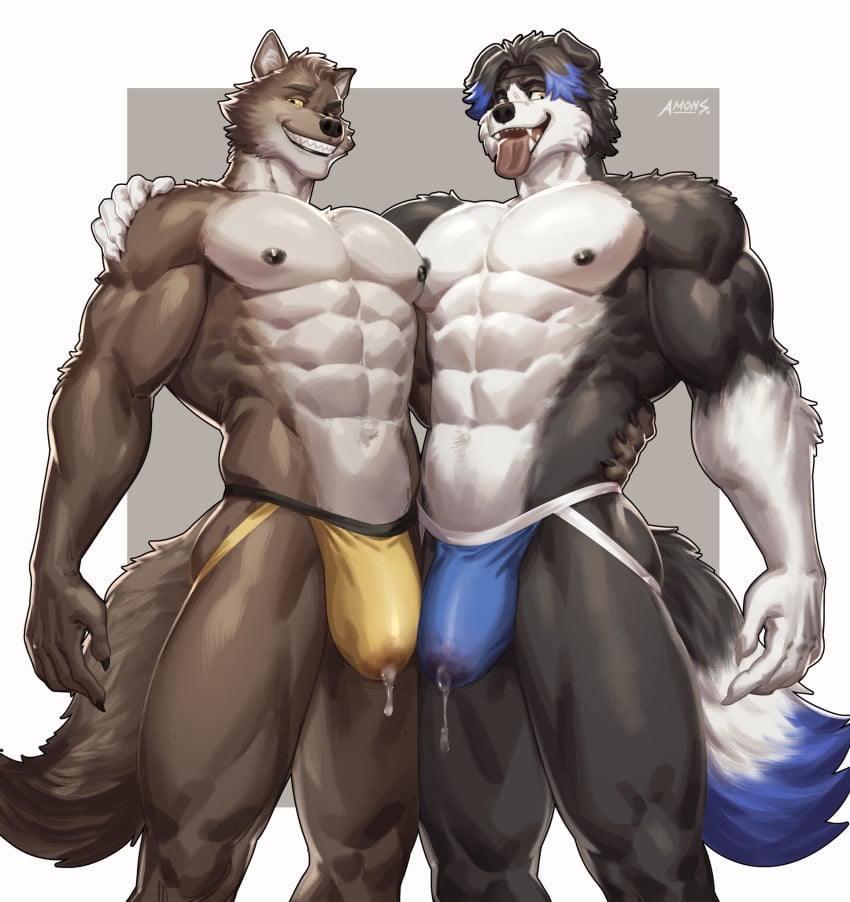 abs amon-sydonai anthro black_body black_fur black_hair blue_hair bodily_fluids border_collie brown_body brown_fur bulge canid canine canis clothed clothing collie domestic_dog dreamworks dripping duo floppy_ears fur gay genital_fluids genital_outline grin hair herding_dog hi_res highlights_(coloring) jockstrap jockstrap_only looking_at_viewer male male/male mammal mr._wolf_(the_bad_guys) obliques pastoral_dog pecs penis_outline precum precum_drip precum_through_clothing precum_through_jockstrap sheepdog smile teeth the_bad_guys tongue tongue_out topless underwear underwear_only wet wet_clothing white_body white_fur wolf