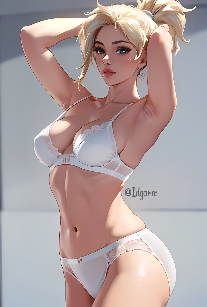 ai_generated blonde_hair blue_eyes bra hands_on_head idgaroo large_breasts lingerie looking_at_viewer mercy overwatch panties ponytail stable_diffusion tagme underwear white_bra white_lingerie white_panties white_underwear