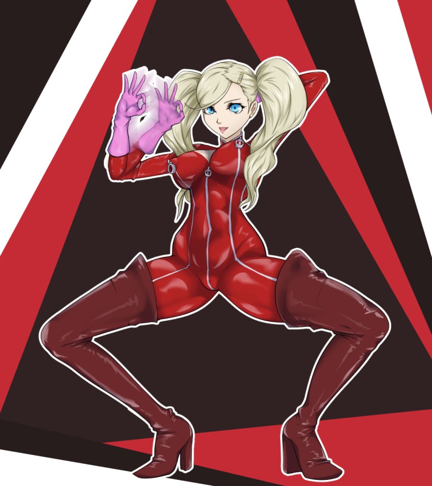 ann_takamaki arms_behind_head boots bowlegged clothing elbow_gloves fellatio_gesture female gloves high_heel_boots high_heels huge_ass huge_breasts human latex latex_catsuit latex_gloves lips pale_skin persona persona_5 phantom_thief_suit quarter_(artist) red_boots spread_legs squatting thick_thighs thigh_boots wide_hips