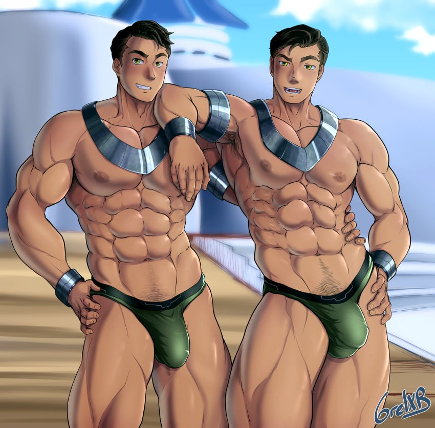 2boys armpit_hair avatar_legends bara barazoku big_bulge bulge gay grelx hi_res highres huge_bulge looking_at_viewer male male/male male_focus male_nipples male_only male_pubic_hair manly muscular_male nickelodeon nipples penis_outline solo solo_male the_legend_of_korra twin_brothers twins underwear wei_bei_fong wing_bei_fong yaoi