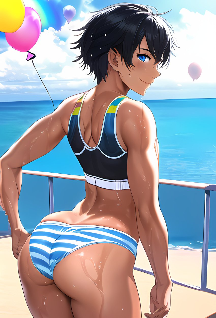 1boy ai_generated ass ass_focus beach big_ass big_butt black_hair blue_eyes bulge femboy girly male male_only novelai ocean pier pov shorts smile smiling smiling_at_viewer striped_panties wet wet_clothes