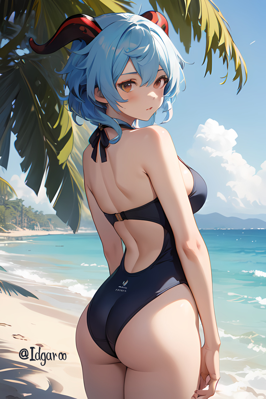 ai_generated ass back beach behind_view blue_hair brown_eyes day ganyu_(genshin_impact) genshin_impact goat_horns idgaroo looking_at_viewer looking_back mihoyo one_piece_swimsuit stable_diffusion swimsuit tagme