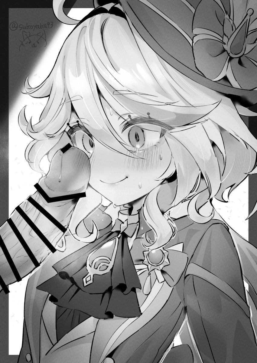 1boy 1girls ahoge ascot bar_censor big_penis blush censored closed_mouth erection female furina_(genshin_impact) genshin_impact greyscale hair_between_eyes hat highres long_hair monochrome penis penis_awe smile solo_focus straight sukoyaka93 sweat