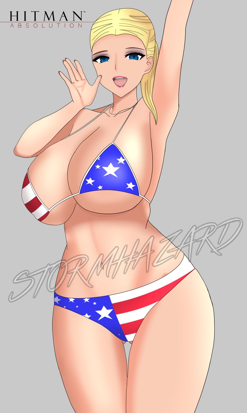 american_flag_bikini bikini blonde_hair blue_eyes hitman hitman_absolution huge_breasts june_drake ponytail stripper