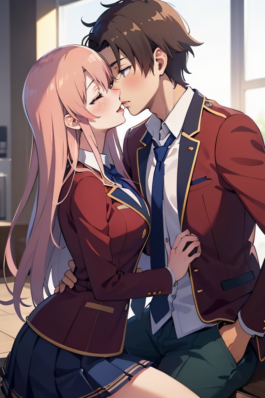 1boy 1boy1girl 1girls ai_fingers ai_generated ayanokouji_kiyotaka blush brown_hair classroom classroom_of_the_elite closed_eyes clothed clothing female ichinose_honami_(cote) kissing male open_eyes pants pink_hair red_blazer school school_uniform schoolgirl sitting skirt stable_diffusion uniform white_shirt window youkoso_jitsuryoku_shijou_shugi_no_kyoushitsu_e